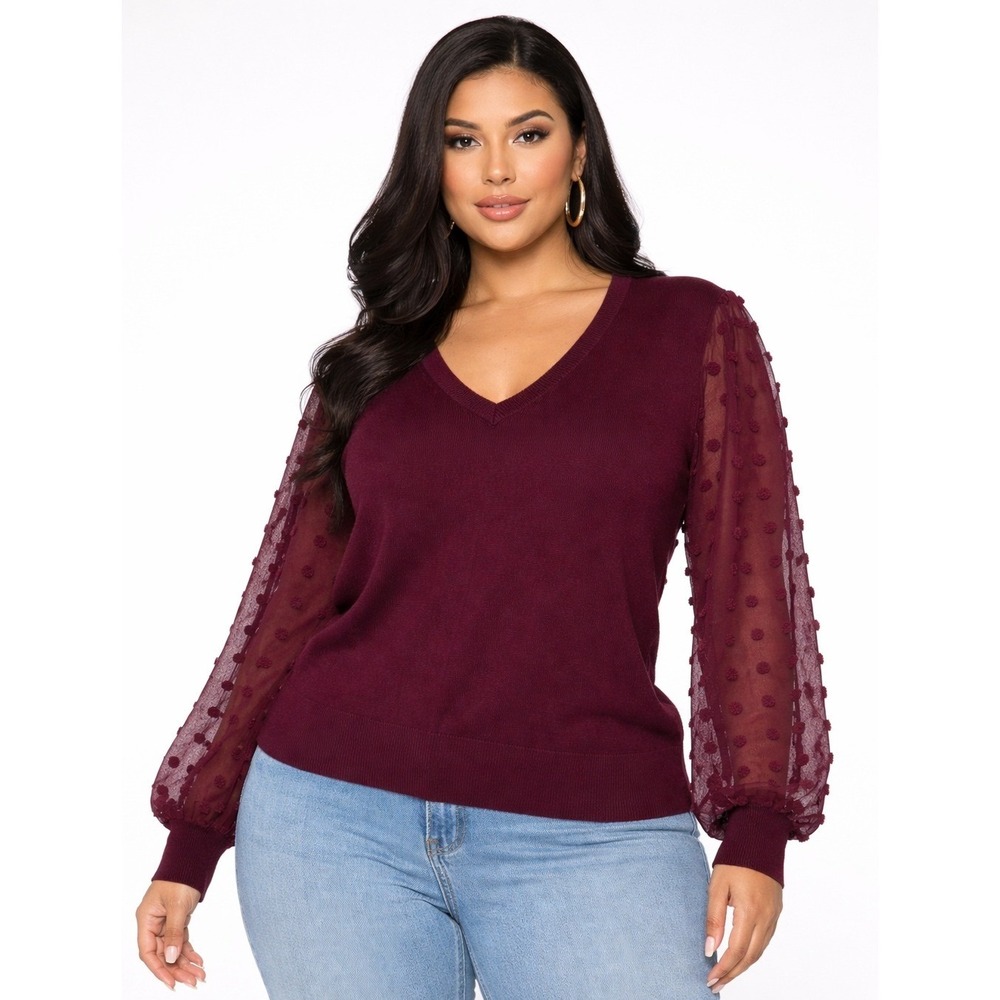 Le Serein Burgundy Swiss Dot Mesh Sleeve V-Neck Sweater Plus Size 3X NWT